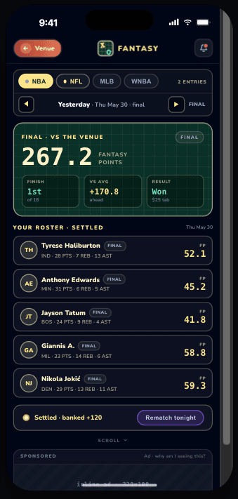 Fantasy Sports roster and scoring screen